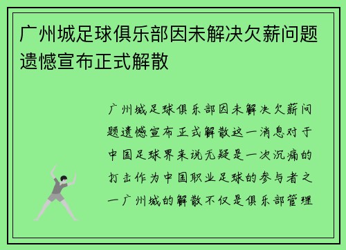 广州城足球俱乐部因未解决欠薪问题遗憾宣布正式解散 广州城足球俱乐部因未解决欠薪问题遗憾宣布正式解散