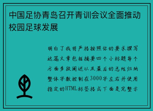 中国足协青岛召开青训会议全面推动校园足球发展 中国足协青岛召开青训会议全面推动校园足球发展