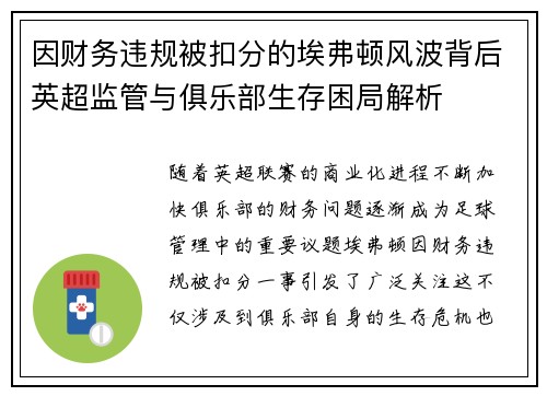 因财务违规被扣分的埃弗顿风波背后英超监管与俱乐部生存困局解析 因财务违规被扣分的埃弗顿风波背后英超监管与俱乐部生存困局解析
